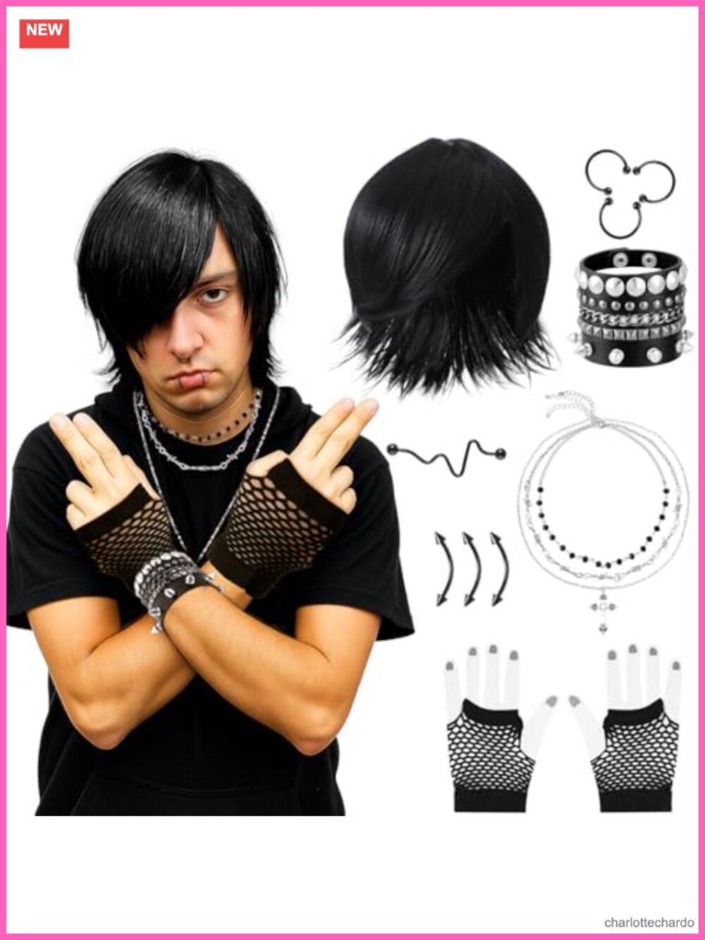 13 Piece Emo Costume Set with Heat Resistant Synthetic Wig and Punk Accessories